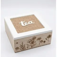 OEM - Caja De Té Mediana De Madera 4 Espacios Diseño Flores Beige