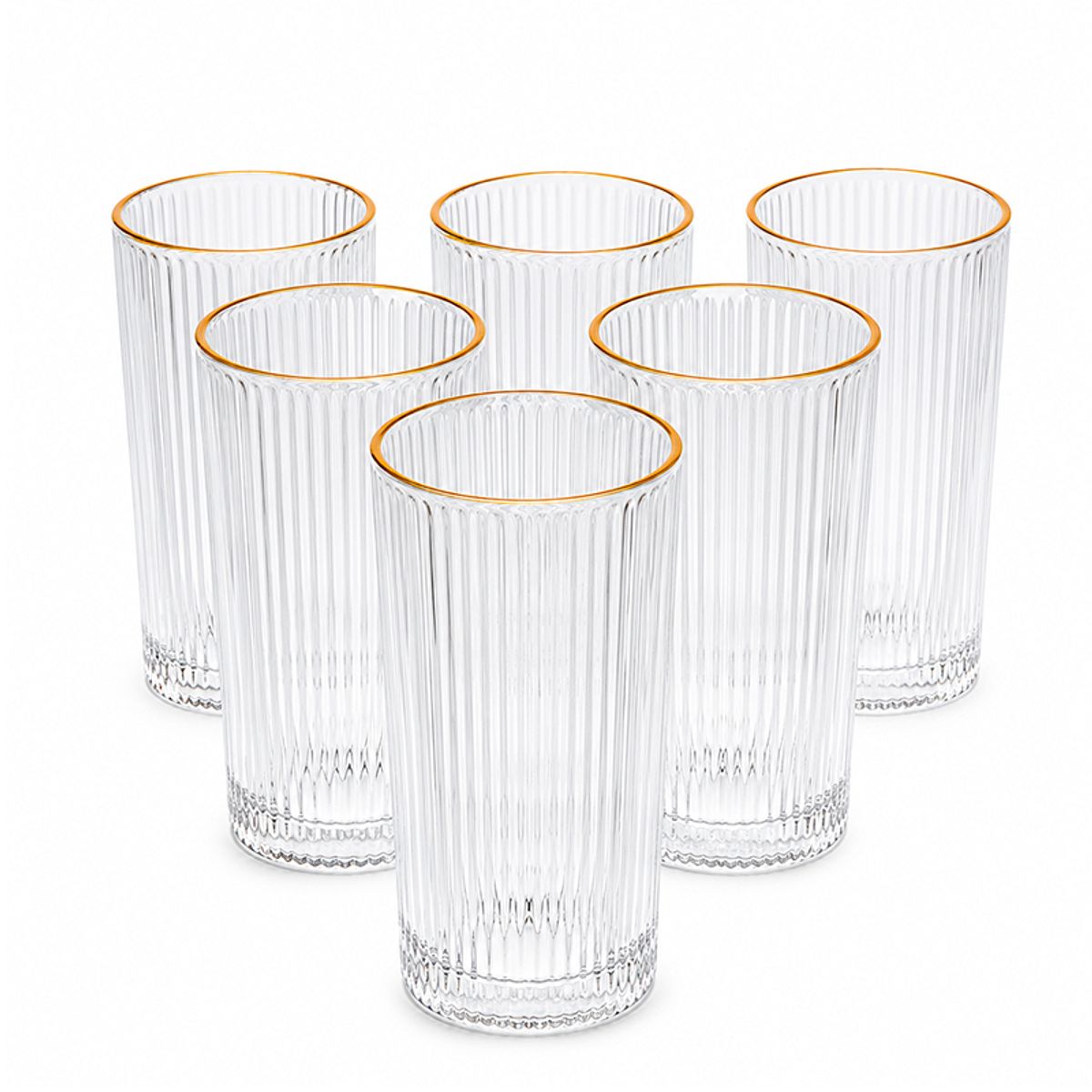 WAKESHOME - 6 Vasos Vidrio Acanalado Borde Dorado 335ml Para Bebidas
