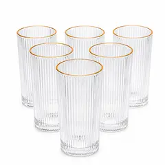 WAKESHOME - 6 Vasos Vidrio Acanalado Borde Dorado 335ml Para Bebidas