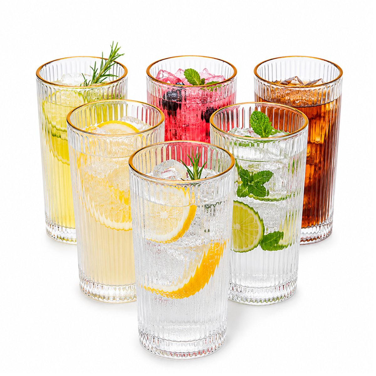 WAKESHOME - 6 Vasos Vidrio Acanalado Borde Dorado 335ml Para Bebidas