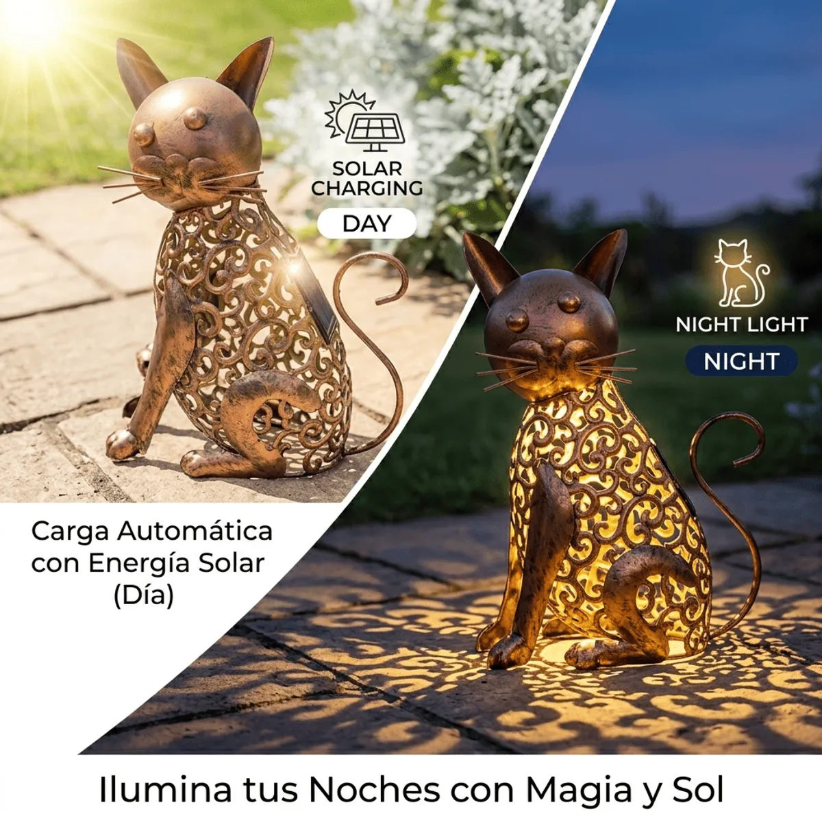 GENERICO - Lámpara Solar Decorativa Gato Metal Vintage Exterior