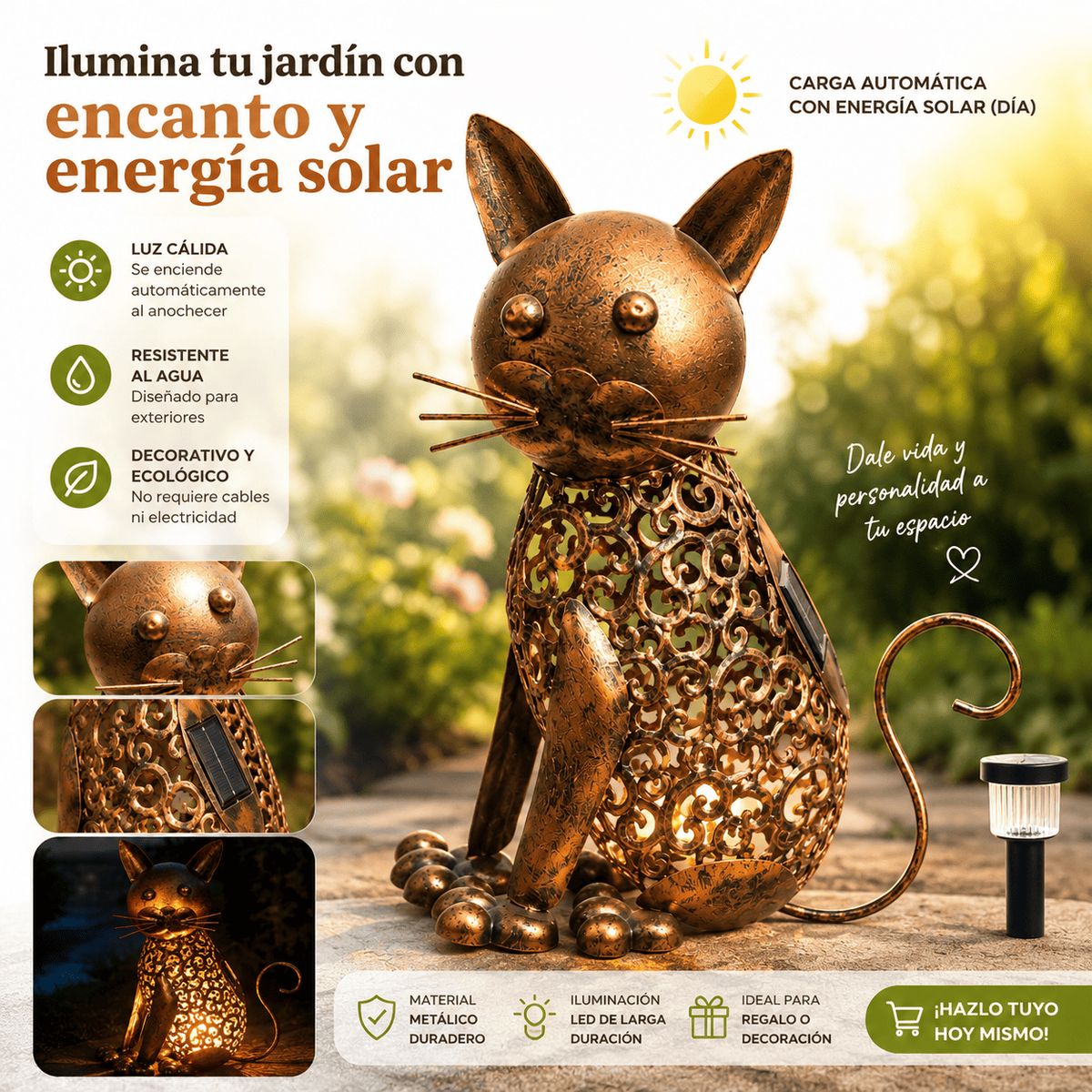 GENERICO - Lámpara Solar Decorativa Gato Metal Vintage Exterior