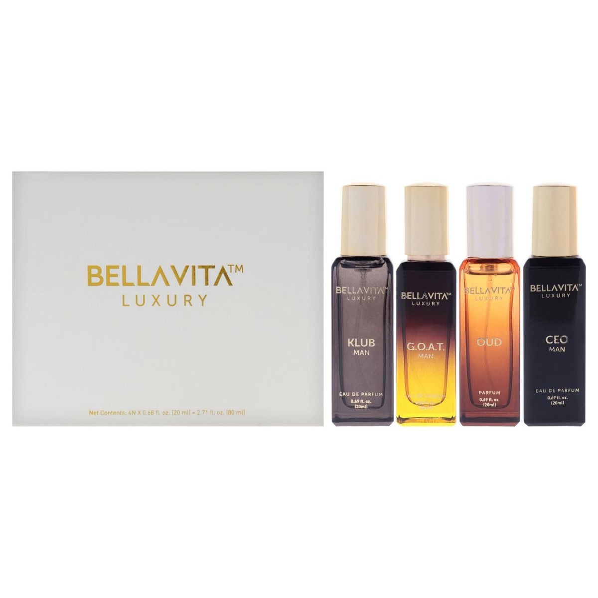 GENERICO - Bellavita Luxury Perfume Gift Set Hombre 4 Piezas EDP 20 ml Ceo EDP + 20 ml Oud Parfum + 20 ml Klub EDP + 20 ml Luxury EDP