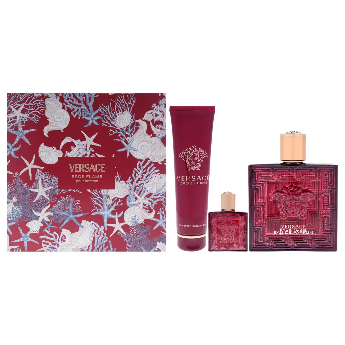 VERSACE - Versace Eros Flame Gift Set Hombre 3 Piezas EDP 101 ml EDP + 5 ml EDP Mini + 148 ml Shower Gel