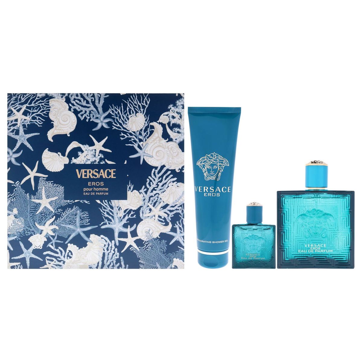 VERSACE - Versace Eros Gift Set Hombre 3 Piezas EDP 101 ml EDP + 5 ml EDP Splash Mini + 148 ml Shower Gel