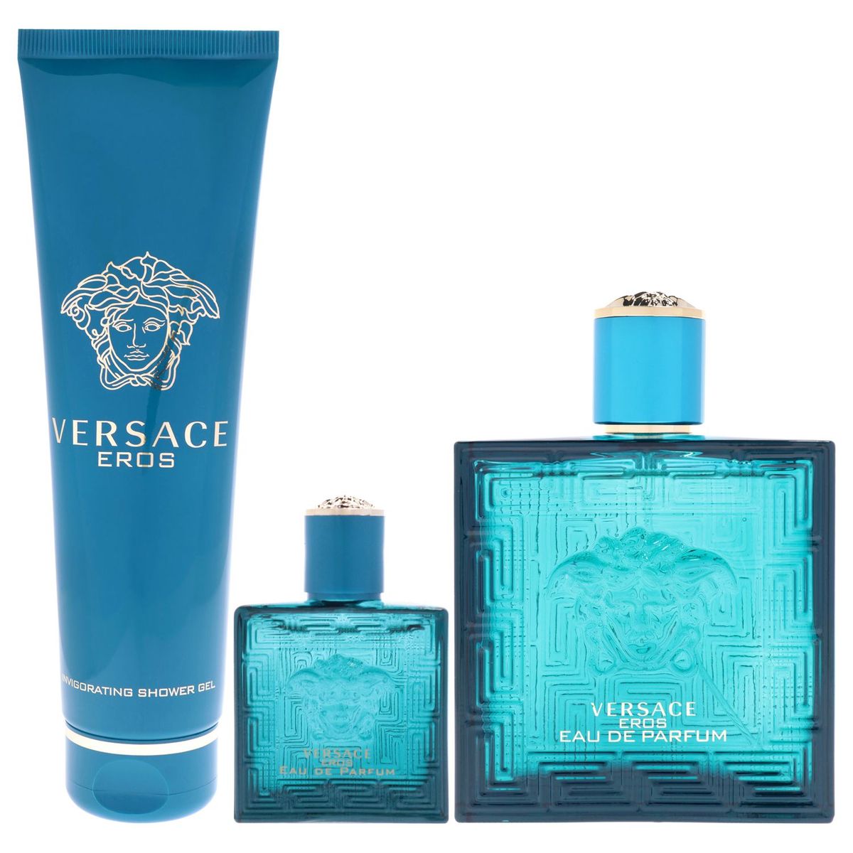 VERSACE - Versace Eros Gift Set Hombre 3 Piezas EDP 101 ml EDP + 5 ml EDP Splash Mini + 148 ml Shower Gel
