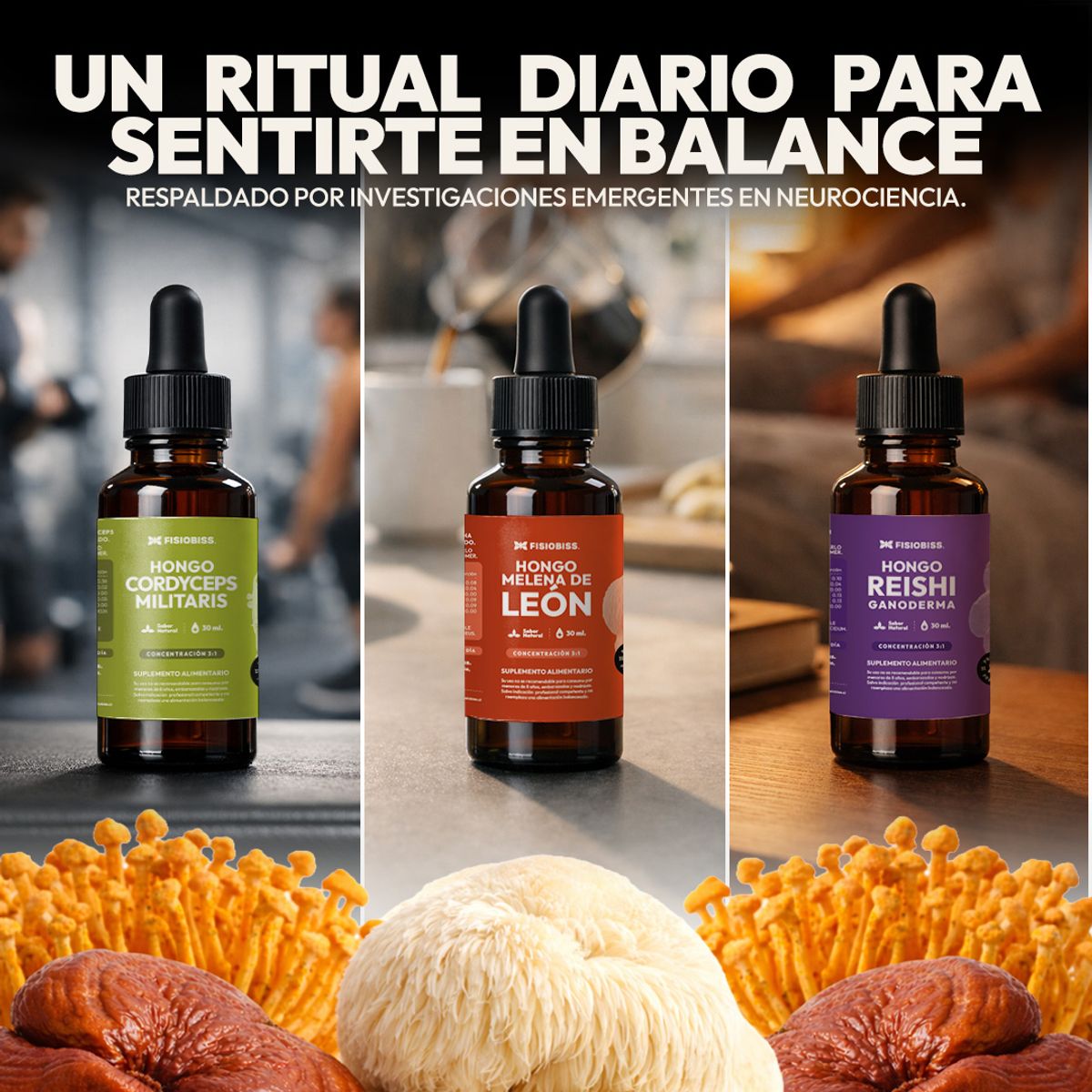 GENERICO - Pack Bienestar Integral Melena de Leon + Reishi + Cordyceps Extracto Gotas 30ml X3  FISIOBISS