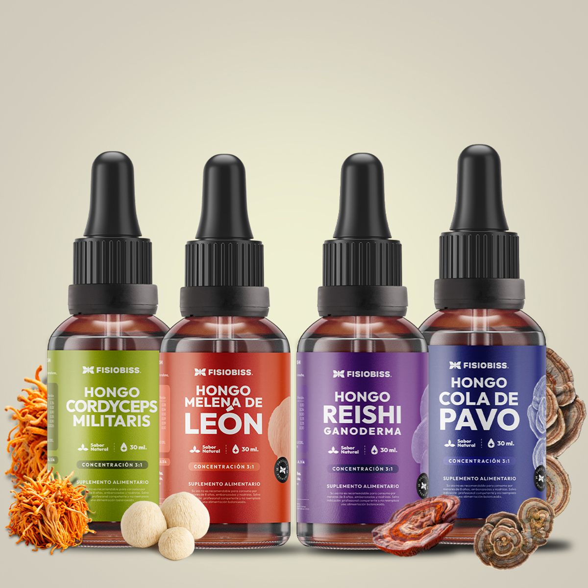 GENERICO - Pack Hongos Adaptogenos Melena de Leon + Cordyceps + Reishi + Cola de Pavo Extracto Gotas 30ml X4  FISIOBISS