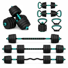 FITMAX - Set Cyan Mancuernas 30 Kg Barra Kettlebell 3 En 1