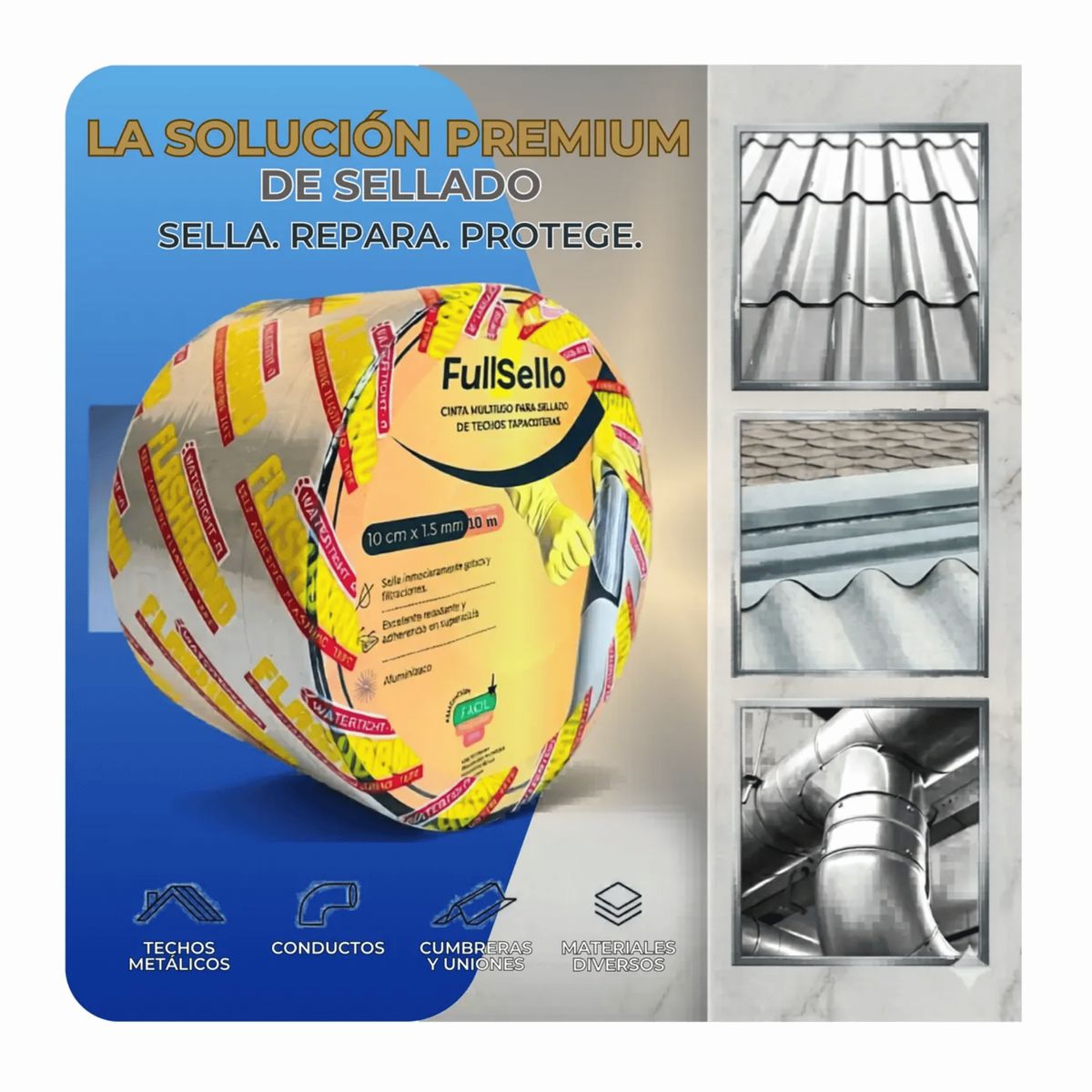 FULLSELLO - Cinta Tapagotera Asfáltica Aluminizada 10cmx10mt Impermeable