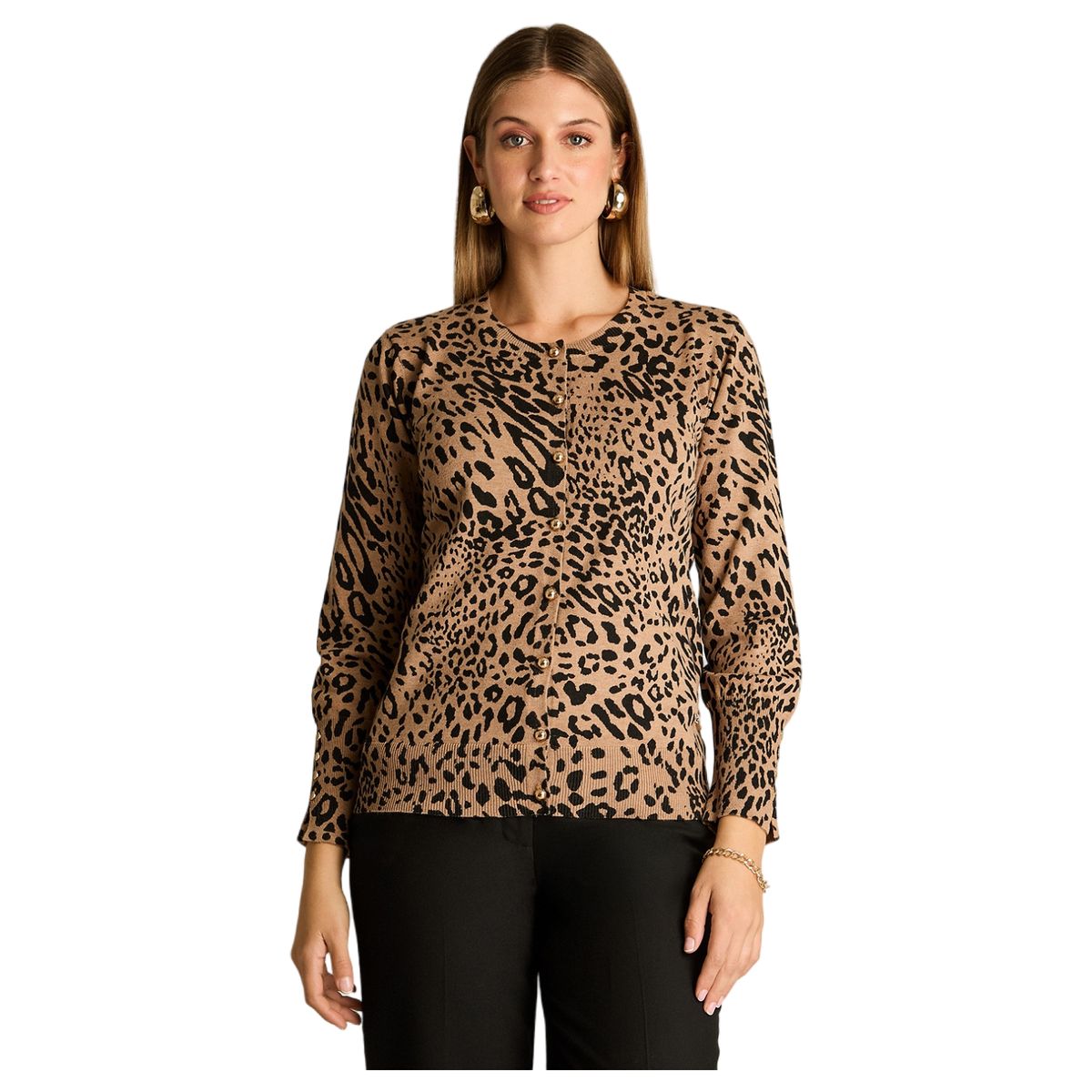 LORENZO DI PONTTI - Cardigan Camel Animal Print Cuello Redondo con Botones