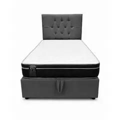 GENERICO - Cama Una Plaza Turin Gris Oscuro Baúl Multifuncional + Base + Respaldo + Colchon Excellence Plus