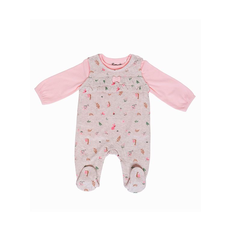 Conjunto Bebe Nina Jardinera Estampada 2 Piezas con Top Manga Larga Rosado Bebe 0-3 MESES