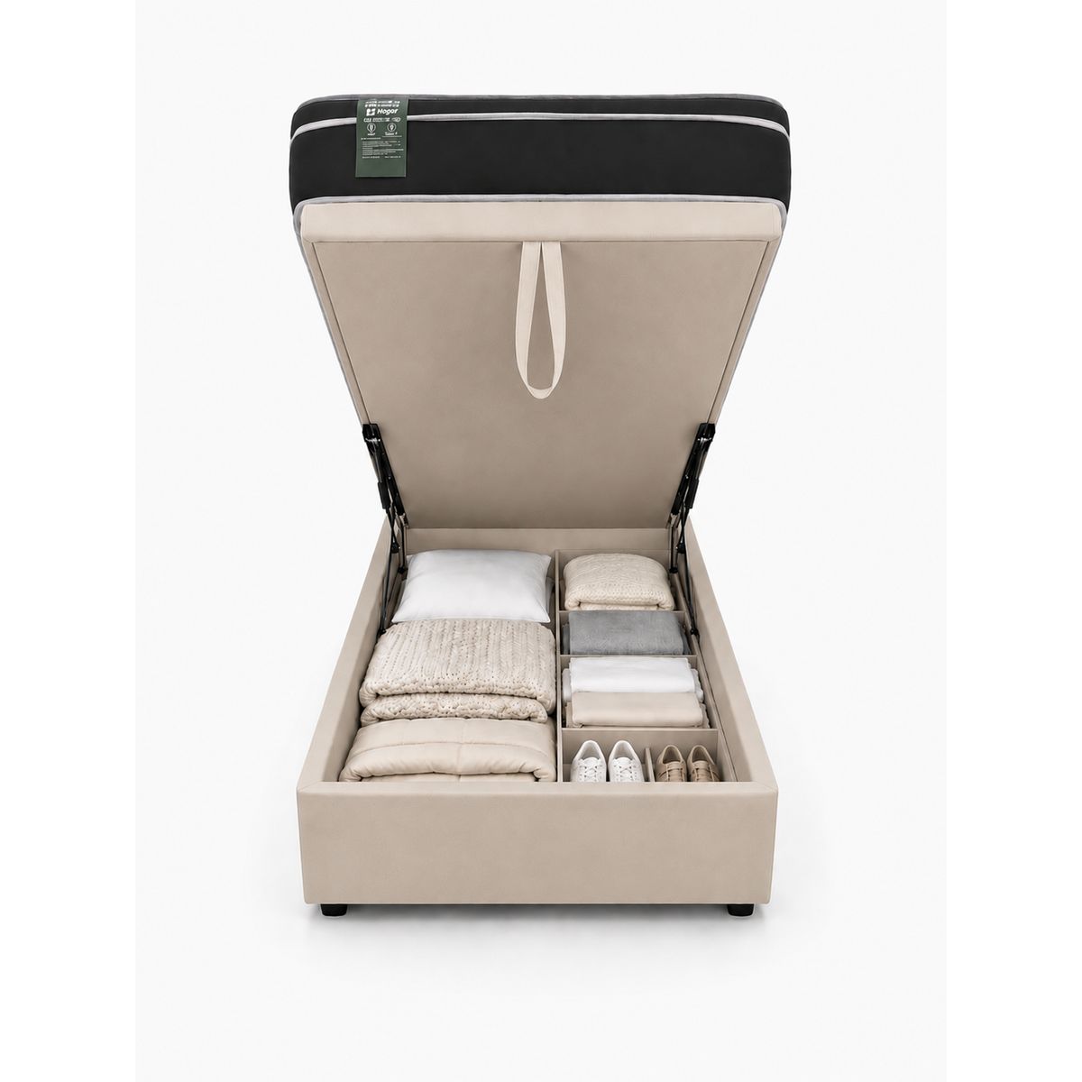 GENERICO - Cama 1 Plaza Capitone Beige Baúl Multifuncional + Base + Respaldo + Colchon Excellence Plus