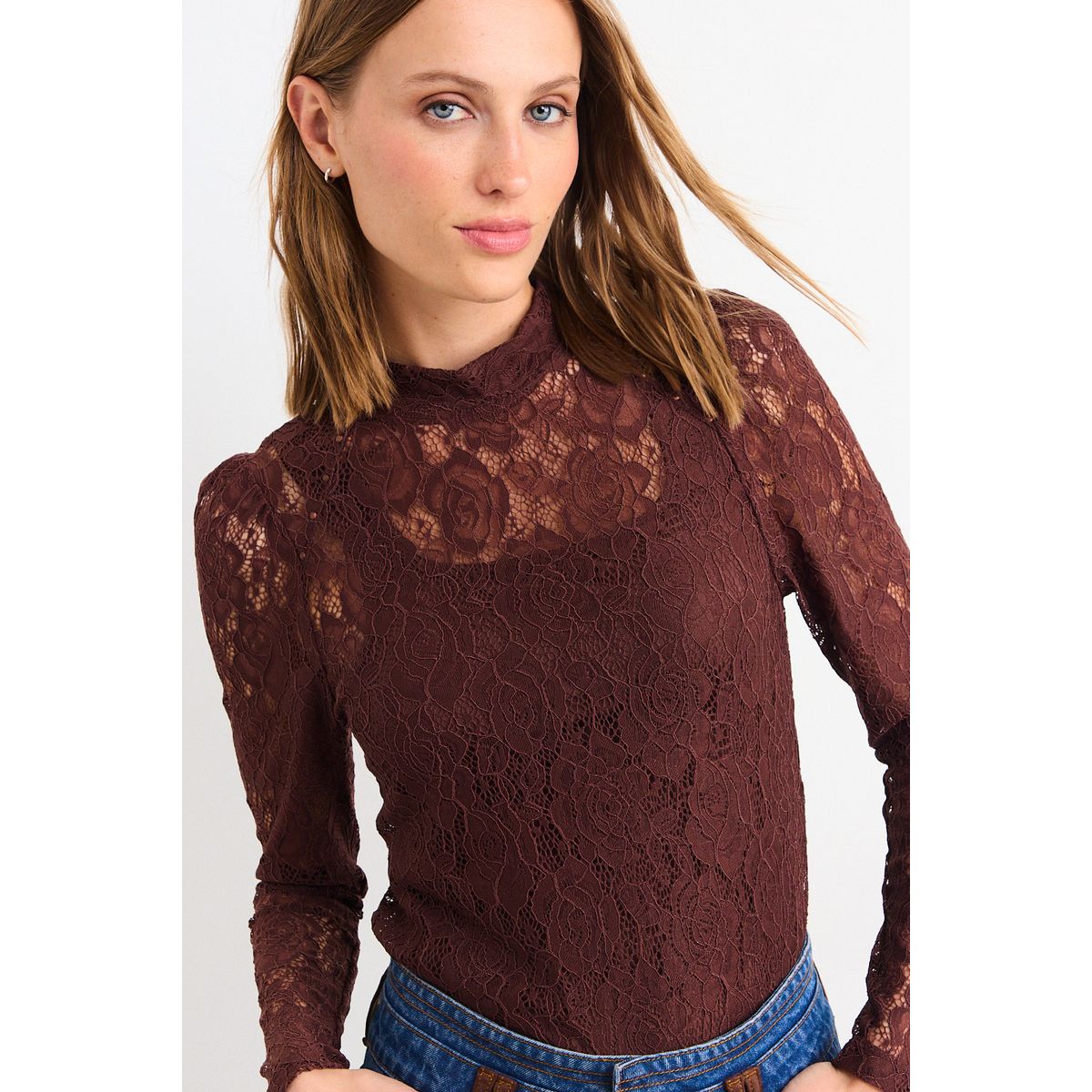 IO - Polera Encaje Mujer Café Io