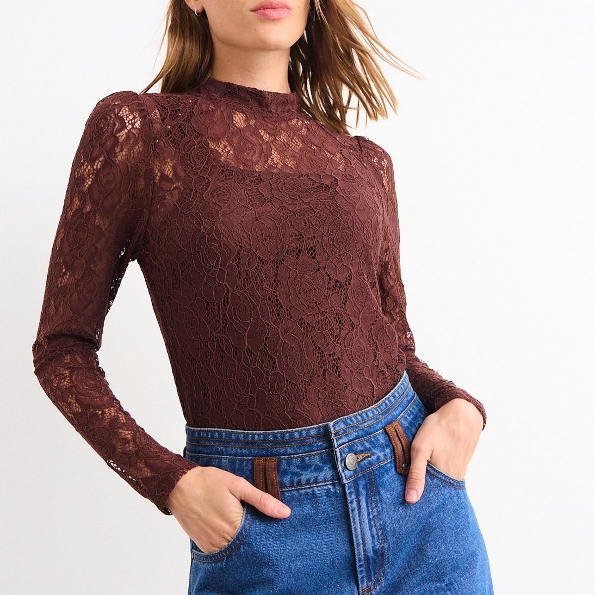 IO - Polera Encaje Mujer Café Io
