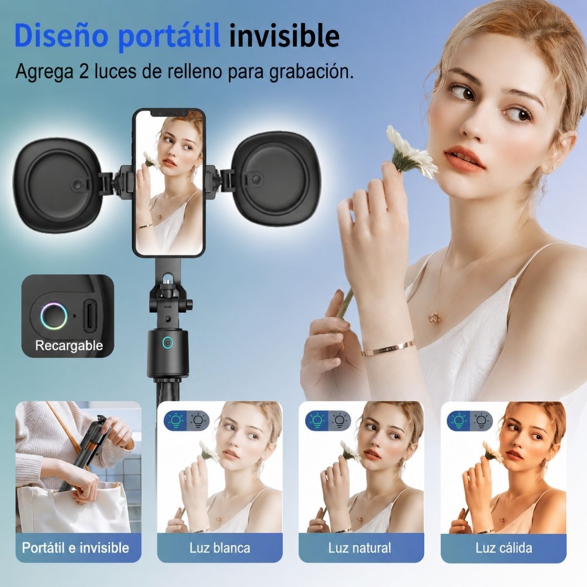 GENERICO - Trípode Palo Selfie Luz Led Y Seguimiento Facial 360° 180cm