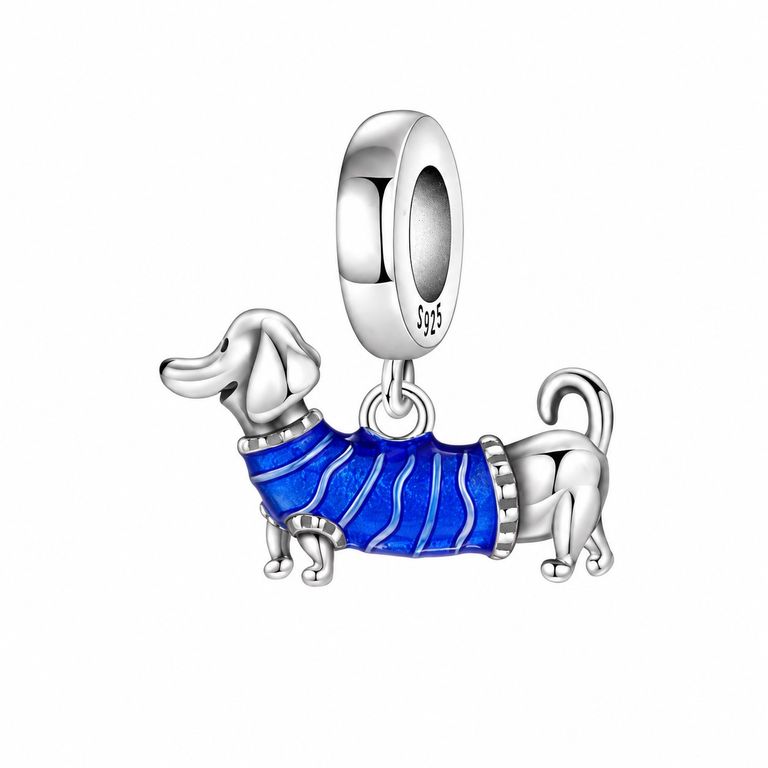 Charm Perrito Salchicha Tierno con Ropita Plata 925 Plateado TALLA UNICA