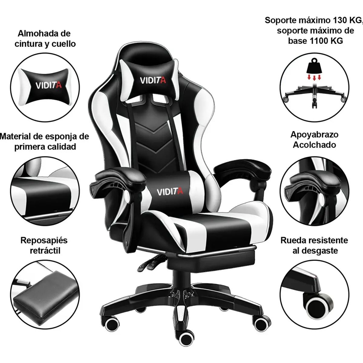 VIDITA - Silla Gamer Vidita GX2000 Ergonómica con Reposapiés y Respaldo Reclinable
