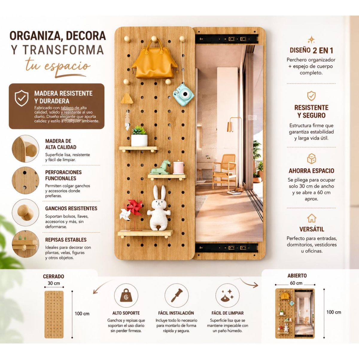 HOMER DESIGN - Perchero Organizador con Espejo de Pared