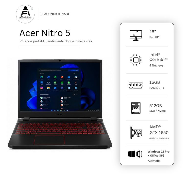 Notebook Nitro 5 I5 10300H 16GB 512GB GTX1650 – Edición Exclusiva – Win Office– Rea