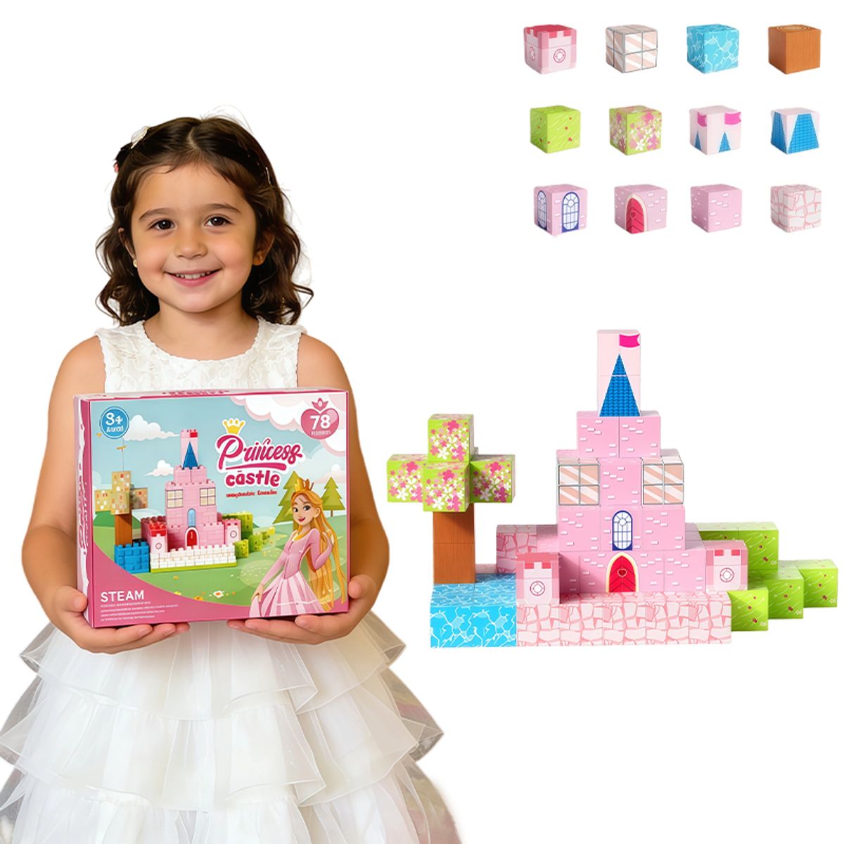 CLEBER - Cubos Magnéticos Construcción Estilo Pixel 3D Castillo Princesa 78 Pzs Cleber 1 Un