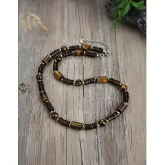 GENERICO - Collar Piedra Ojo De Tigre Natural Y Madera Style