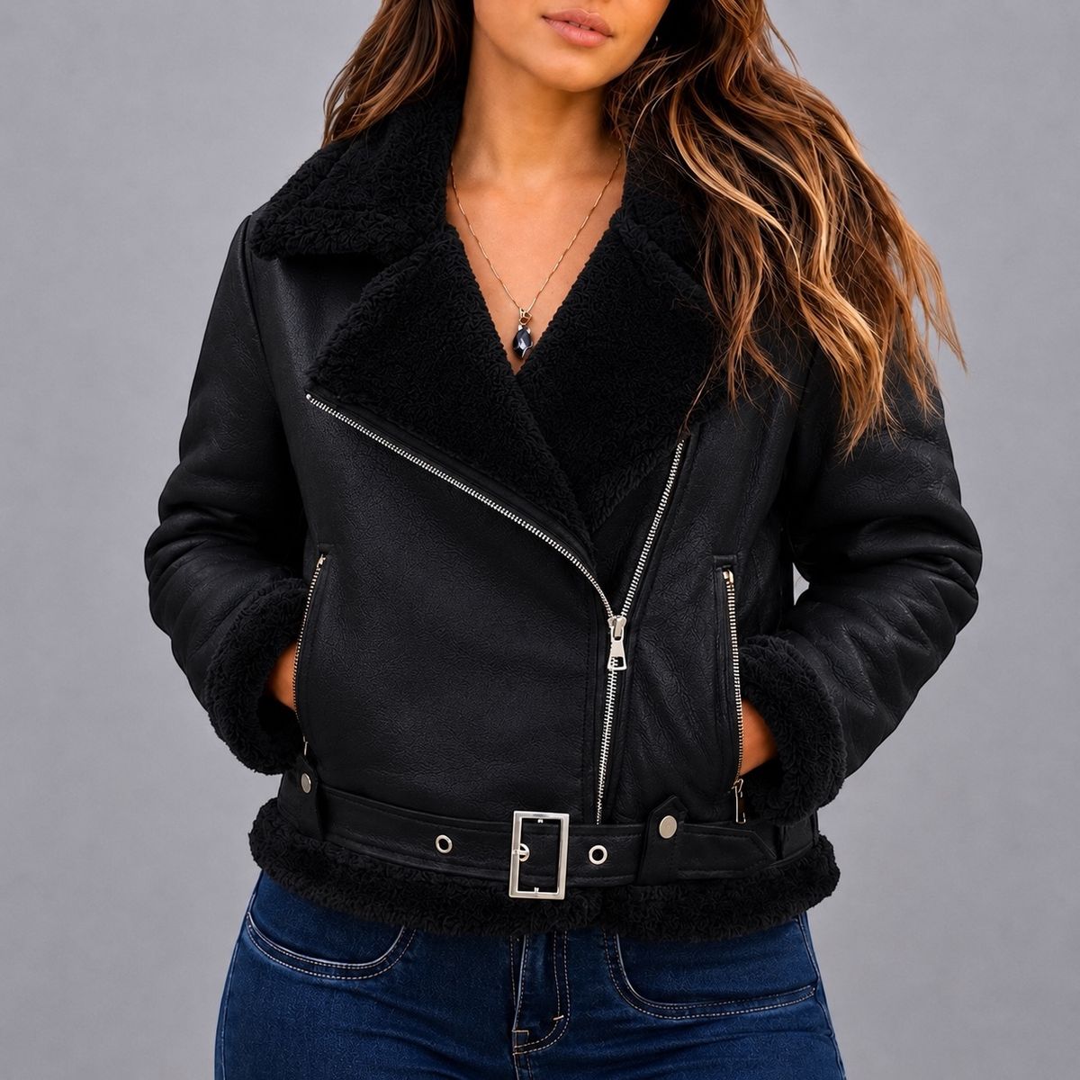 DOBLE V - Chaqueta Aviadora Ecocuero Premium Forro Piel Mujer