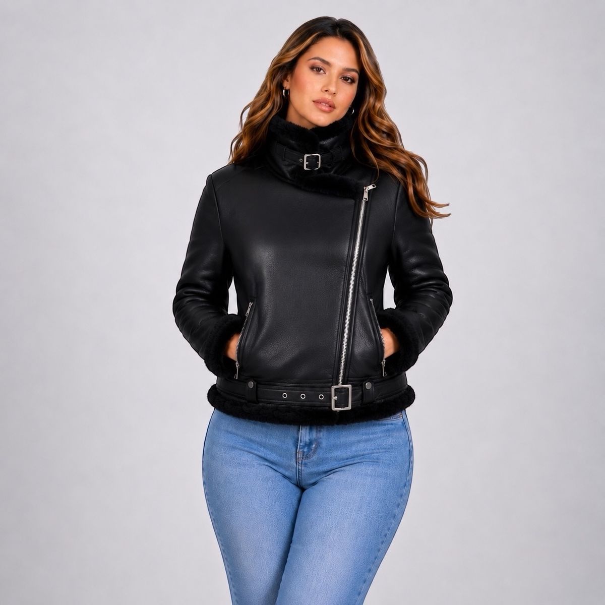 DOBLE V - Chaqueta Aviadora Ecocuero Premium Forro Piel Mujer