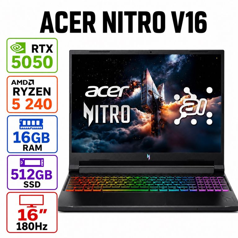 Notebook Gamer Nitro V 16 RTX 5050 Ryzen 5 16GB 512GB SSD 180Hz