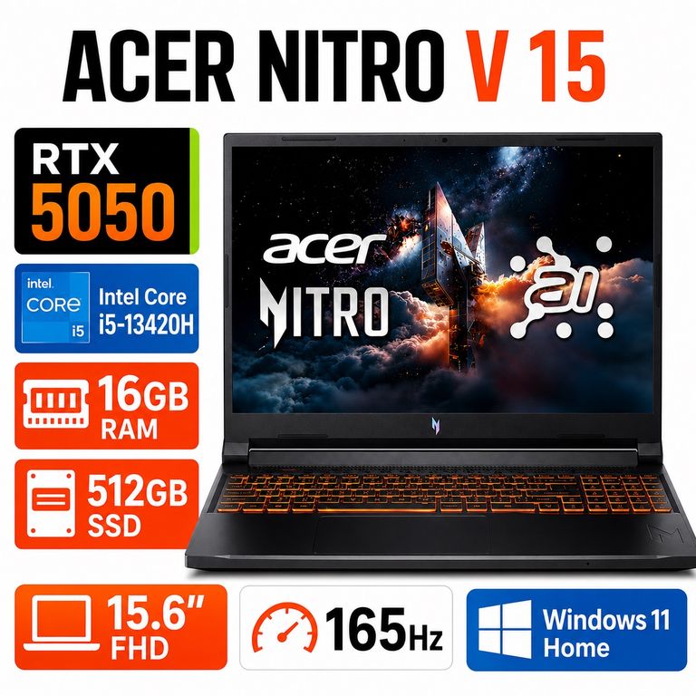 Notebook Gamer Nitro V 15 RTX 5050 i5 16GB 512GB SSD 165Hz