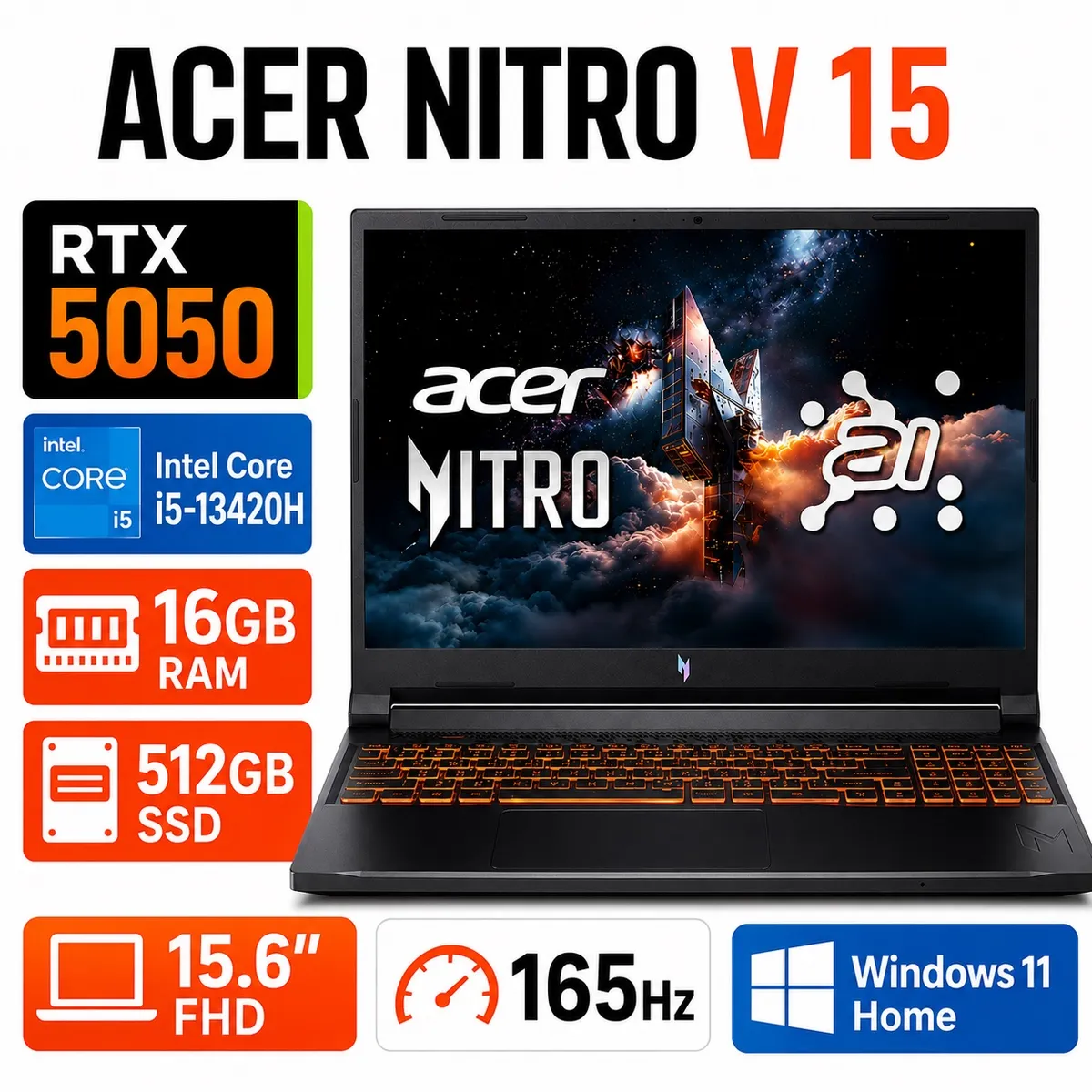 ACER - Notebook Gamer Acer Nitro V 15 RTX 5050 i5 16GB 512GB SSD 165Hz