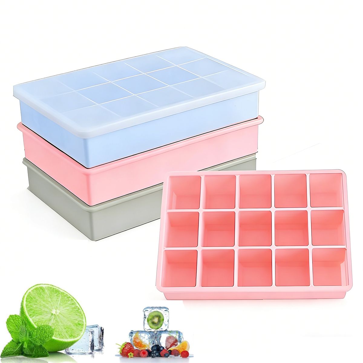 GENERICO - 4 Pcs Cubetas De Hielo Cubetera De Siliciona Con Tapa 15cav