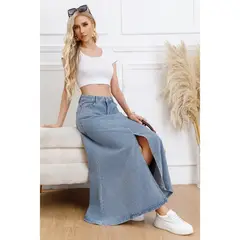 LIKE SHOP - Falda Larga Mujer Tiro Alto Jeans Bolsillos Abertura Frontal 1006