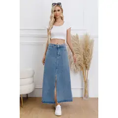 LIKE SHOP - Falda Larga Mujer Tiro Alto Jeans Bolsillos Abertura Frontal 1006