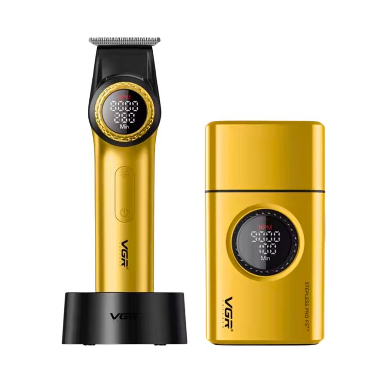 Combo Profesional de Barberia Trimmer V-977 + Afeitadora Electrica V-377 GOLD