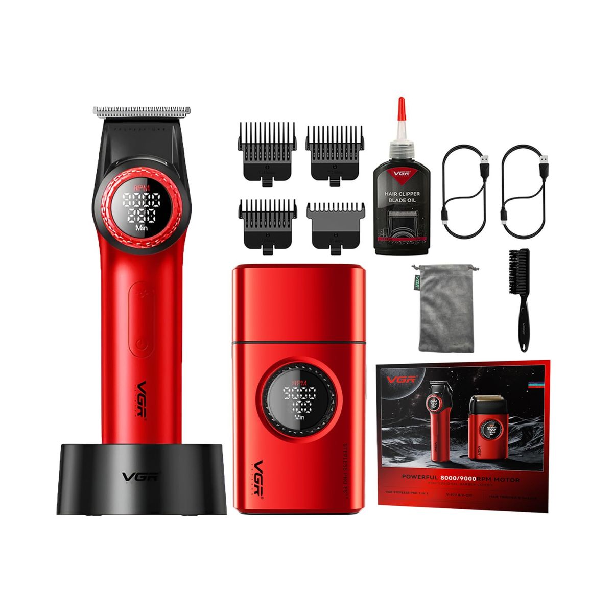 VGR - Combo VGR Profesional de Barbería Trimmer V-977 + Afeitadora V-377 Rojo
