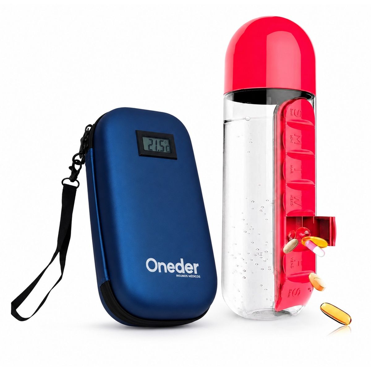 ONEDER - Pack Estuche De Viaje Semanal Cooler Insulina Azul Y Botella Pastillero Oneder