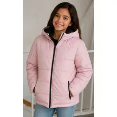 GENERAL - Chaqueta Puffer impermeable Niña Rosa Claro con Capucha y Forro Negro - Luna Boutique