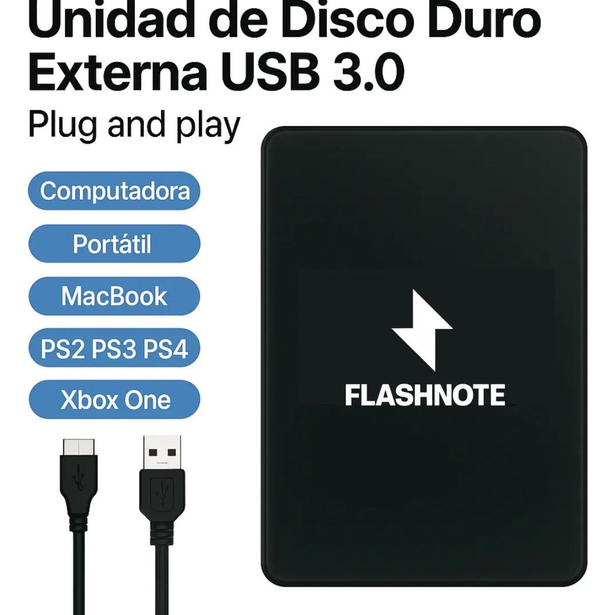 GENERICO - Disco Duro Externo FLASHNOTE 1TB USB 3.0 Compatible PC PS4 Xbox Negro