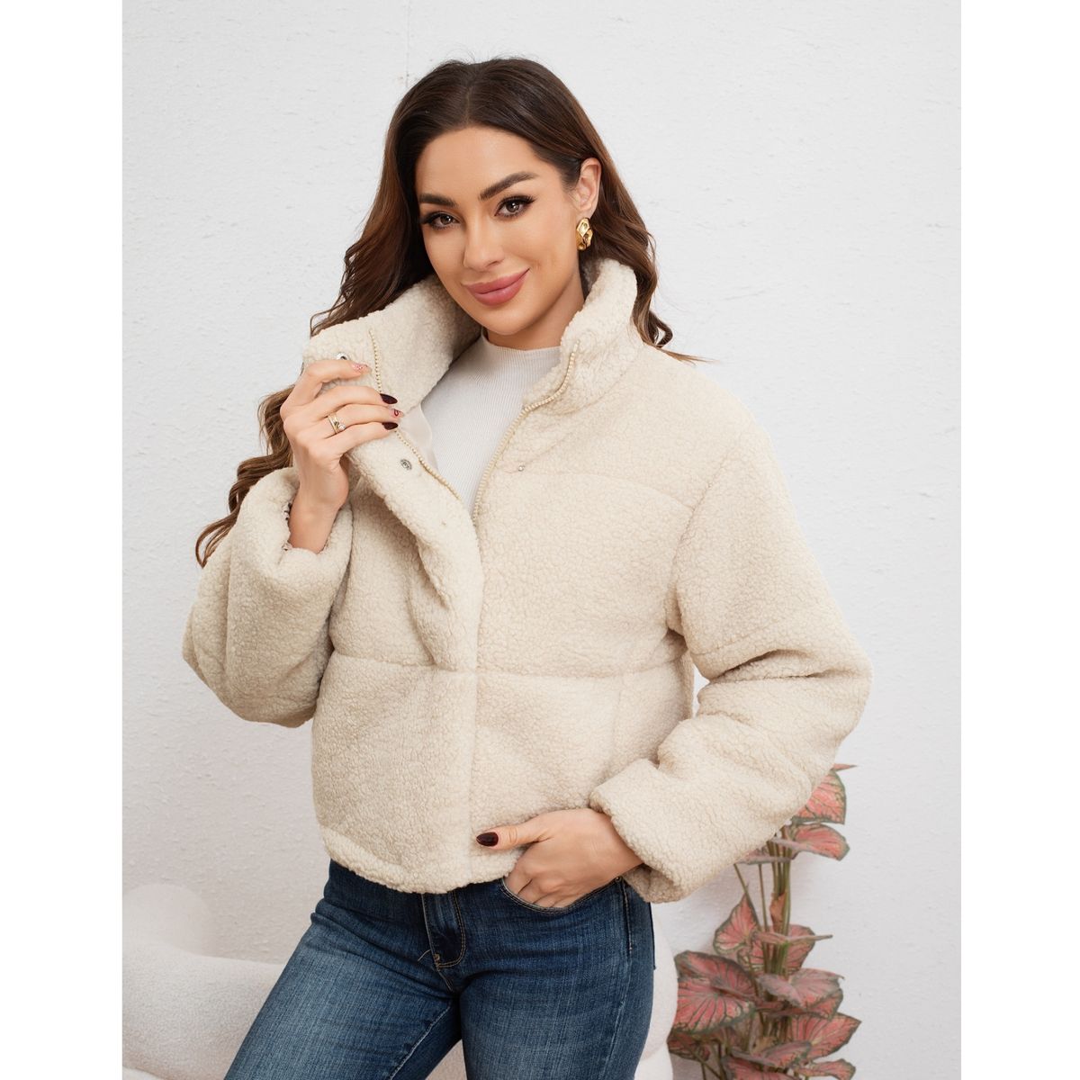 LIKE SHOP - Chaqueta Corta Corderito Mujer Premium Calidad Cuello Alto 6090