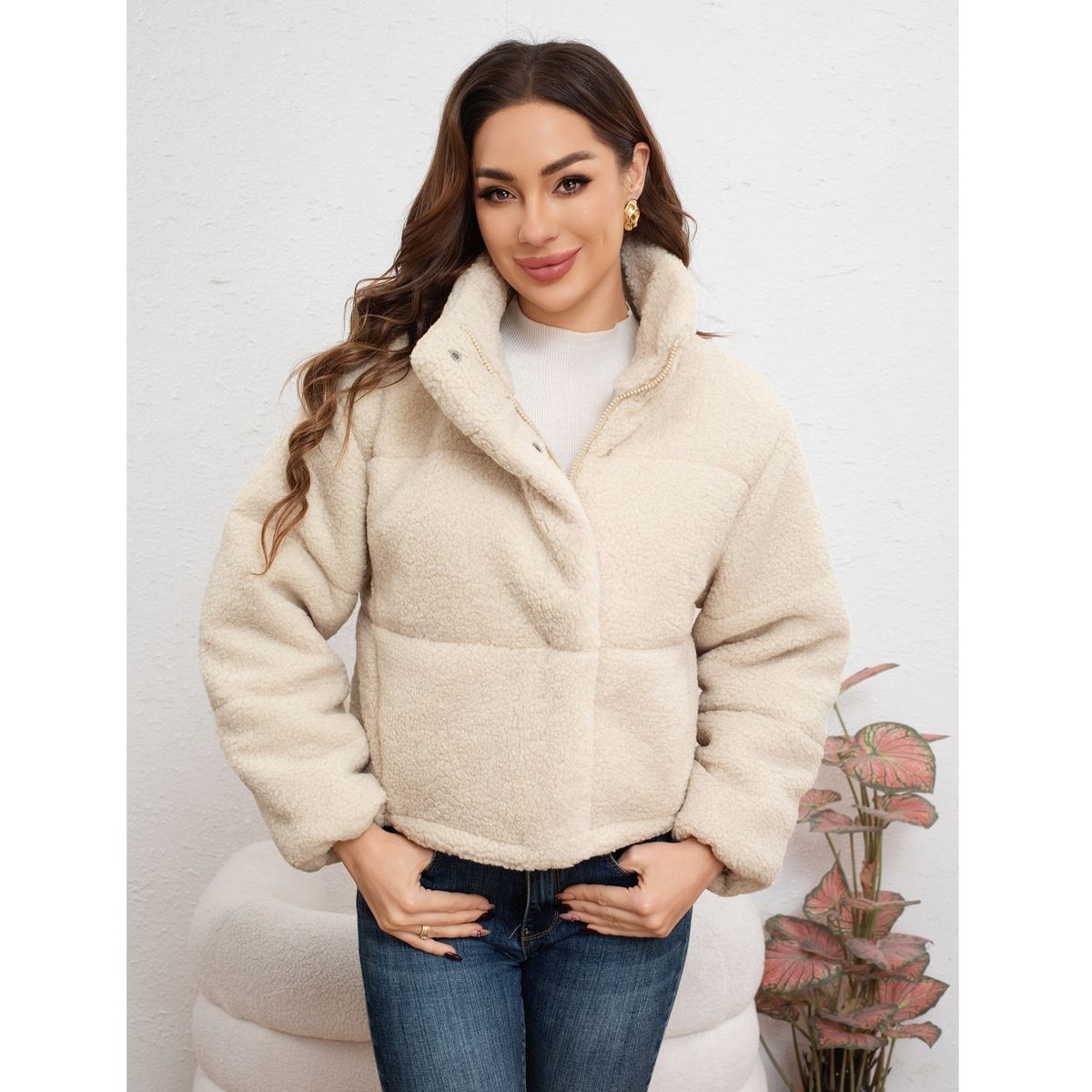 LIKE SHOP - Chaqueta Corta Corderito Mujer Premium Calidad Cuello Alto 6090