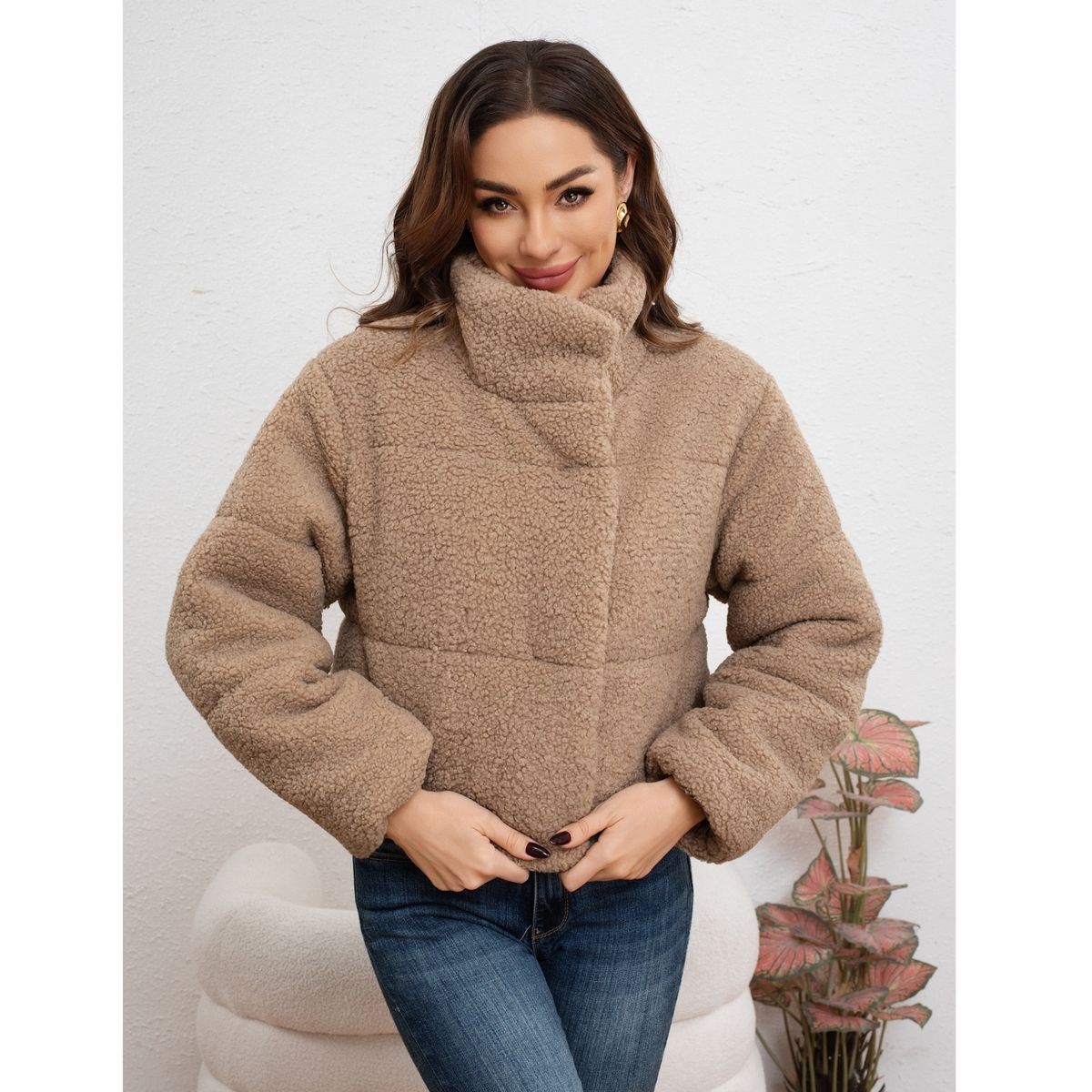 LIKE SHOP - Chaqueta Corta Corderito Mujer Premium Calidad Cuello Alto 6090
