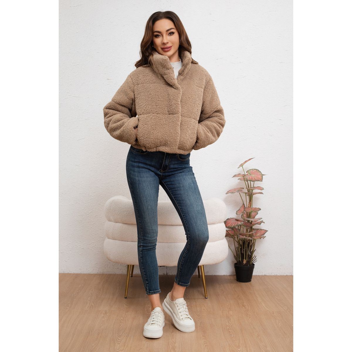 LIKE SHOP - Chaqueta Corta Corderito Mujer Premium Calidad Cuello Alto 6090