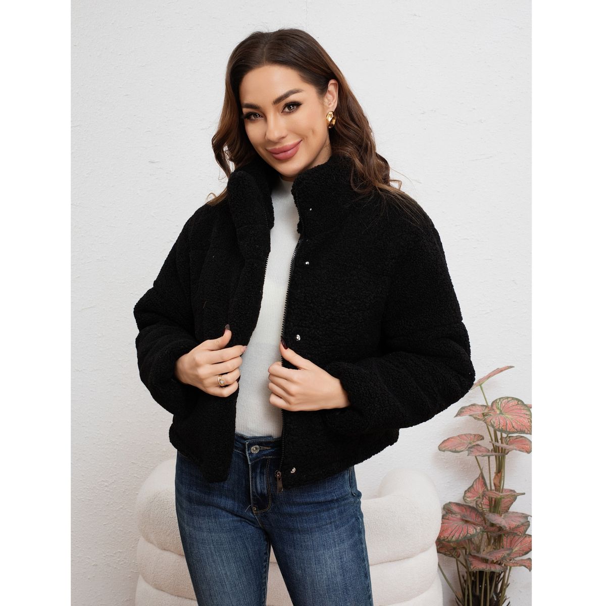 LIKE SHOP - Chaqueta Corta Corderito Mujer Premium Calidad Cuello Alto 6090
