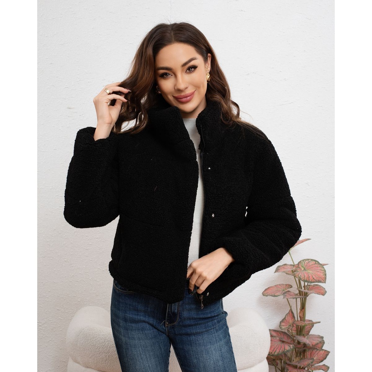 LIKE SHOP - Chaqueta Corta Corderito Mujer Premium Calidad Cuello Alto 6090