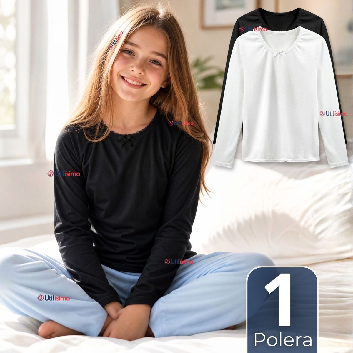 UTILISIMO - Camiseta Polera Algodón Básica Cuello Redondo Primera Capa Manga Larga Colores Negro Blanco Niña