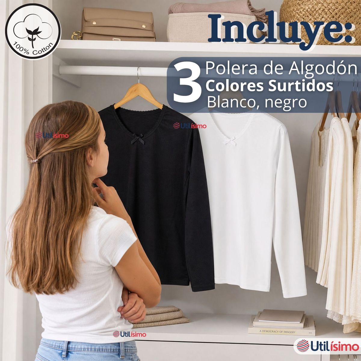 UTILISIMO - Pack 3 Camisetas Poleras Algodón Básica Cuello Redondo Primera Capa Manga Larga Negro Blanco Niña