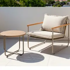 AMOBLE - Mesa Lateral Liguria Redonda Café Madera de Acacia, Fierro