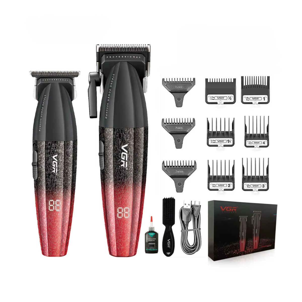 VGR - Barber Combo VGR Profesional V640 Clipper y Trimmer 9000RPM Rojo